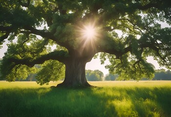 Sticker - AI-generated illustration of An ancient oak tree standing in a sunlit field