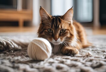 Sticker - AI-generated illustration of An orange and white cat playing with a knit ball on the floor