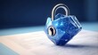 © Ashan - A modern depiction of a cyber safety padlock on a data sheet in blue. Internet security lock information privacy low polygonal future innovation technology network business concept