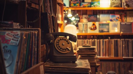 A vintage phone sits on a table next to a stack of records