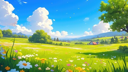 Wall Mural - 2d illustration depicting a charming spring landscape in a whimsical cartoon style featuring lush gr