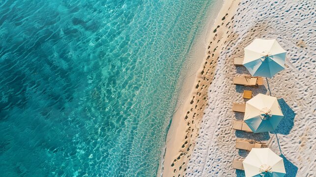 aerial view of amazing beach with umbrellas and lounge chairs beds close to turquoise sea. top view 