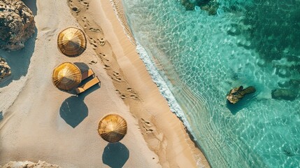 Wall Mural - Aerial view of amazing beach with umbrellas and lounge chairs beds close to turquoise sea. Top view of summer beach landscape, idyllic inspirational couple vacation, romantic holiday. Freedom travel