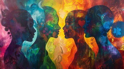 Wall Mural - An LGBTQ-themed banner, artistic depiction of unity and love, diverse figures and symbols. Textured and layered elements. Background of contrasting colors. Rich lighting with strong highlights and