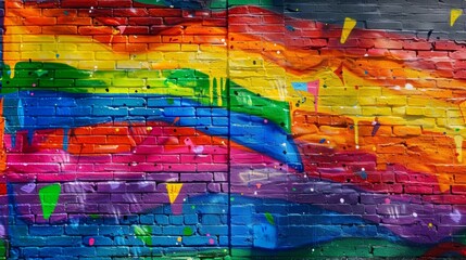 Wall Mural - A graffiti wall, vibrant LGBTQ-themed graffiti art, various colors and styles, large pride flag painted centrally. Urban background with city elements. Sharp details of the graffiti, vibrant lighting