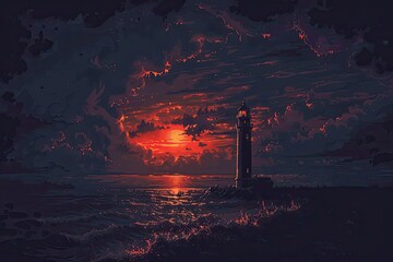 Wall Mural - A stunning sunset behind a lighthouse with vibrant red and black sky, showcasing the beauty of nature and coastal scenery.