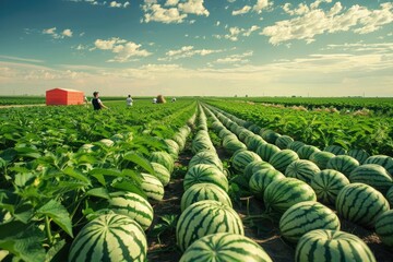 lush watermelon field stretching to the horizon under a blue sky, with a red barn and workers tendin