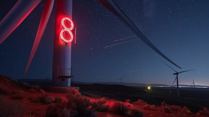 Canvas Print - A wind turbine with the number 8 glowing in red lights