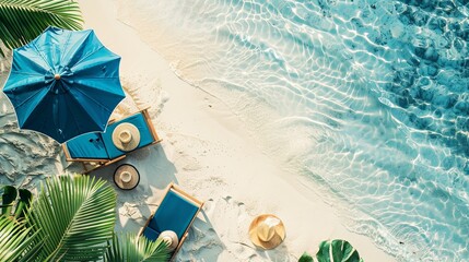 Wall Mural - Tropical vacation background. Sun lounger with umbrella and beach accessories for active rest on the sandy island, copy space, top view