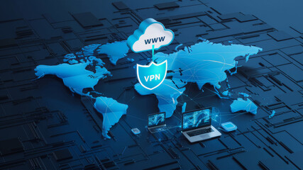 Wall Mural - Connected to the cloud is a shield with 'VPN' and a checkmark, symbolizing an encrypted connection.