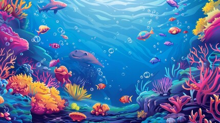 The ocean and underwater world with different inhabitants. Marine Life Landscape. Sea world