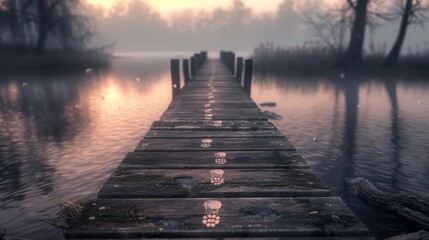 Wall Mural - A wooden bridge over a body of water with a sunset in the background