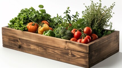 Wall Mural - old wooden box filled with vegetables and herbs ready for market