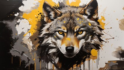Wall Mural - A painting of a wolf's head in front of a yellow and gray background