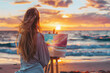 © AI_images_for_people - a young woman painting a sunset landscape on a canvas at the beach, with easel, paints, and natural beauty, illustrating artistic inspiration.
