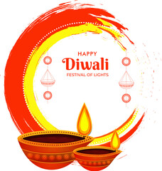 Sticker - Creative poster or template design with illuminated oil lamps (Diya) on brush stroke effect background for Festival of Lights, Happy Diwali celebration.