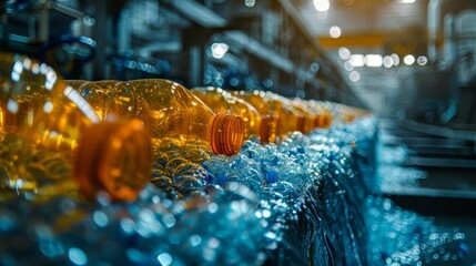 Plastic bottles move along a conveyor belt in a factory.