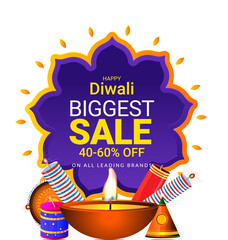 Poster - Sale poster or template for Diwali festival with 40-60% discount offer, illuminated oil lamp and firecrackers on shiny purple background.