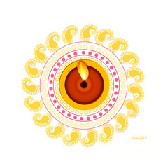 Sticker - Top view of floral illuminated oil lamp on purple grunge background for Indian Festival Diwali celebration.