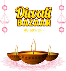 Canvas Print - 40-60% discount offer on Diwali Bazaar with illustration of illuminated oil lamps on shiny pink background.