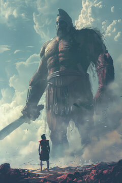 David and Goliath. Digital painting of an ancient warrior with a giant standing in front of him. Digital illustration.