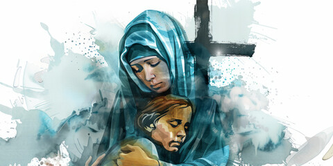 Wall Mural - Digital illustration of the Sixth Sorrow: Mother Mary cradling Christ with a watercolor cross behind them.