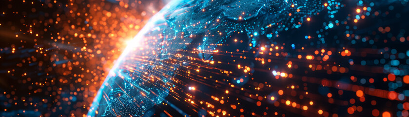 Wall Mural - a striking digital representation of earth illuminated by vibrant, glowing data streams, symbolizing