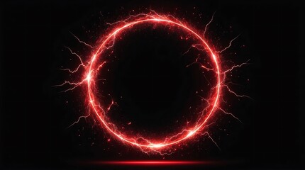 abstract circle of red glowing light particles with lightning sparks on plain black background