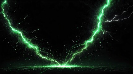 Wall Mural - abstract impact of green glowing light particles with lightning sparks on plain black background