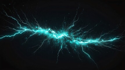 Wall Mural - abstract impact of teal glowing light particles with lightning sparks on plain black background