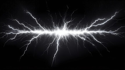 Wall Mural - abstract impact of white glowing light particles with lightning sparks on plain black background