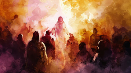 Wall Mural - The Resurrection of Jesus, depicted in a digital watercolor painting where he appears to his followers. Life of Jesus.