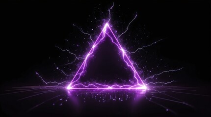 Wall Mural - abstract triangle of purple glowing light particles with lightning sparks on plain black background