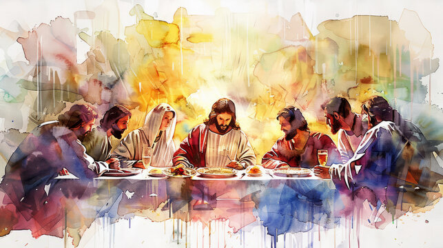 Watercolor Illustration of Jesus at the Last Supper. Holy Maundy Thursday. New Testament Scene.