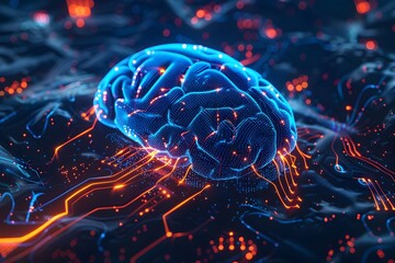 Wall Mural - A brain is shown in a computer simulation with a blue and orange color scheme. The brain is surrounded by a network of wires and circuits, giving the impression of a futuristic