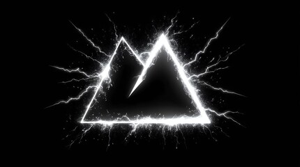 Wall Mural - abstract triangle of white glowing light particles with lightning sparks on plain black background