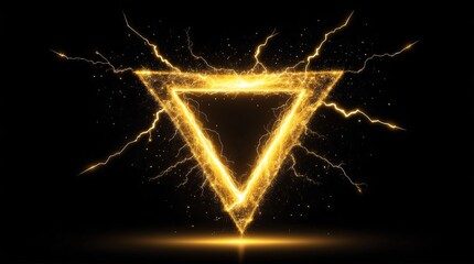 Wall Mural - abstract triangle of yellow glowing light particles with lightning sparks on plain black background