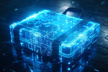 Wall Mural - A blue suitcase with a blue handle is lit up with blue lights. The suitcase is glowing and he is a futuristic design