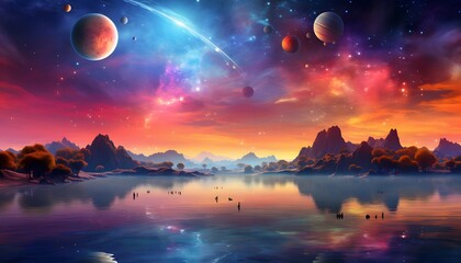 floating planets clouds and cosmic sky