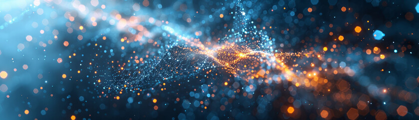 Wall Mural - abstract digital wave with glowing orange and blue dots on a dark background, representing data and 