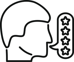 Sticker - Line art vector icon of a user profile with a speech bubble featuring five stars, symbolizing customer reviews