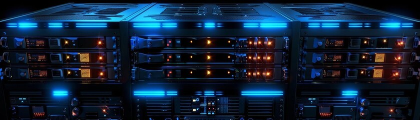 server rack front face view, anime, glow, octane, dark background