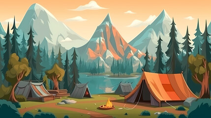 vector camping tent in the forest.summer camp with bonfire, tent, backpack . cartoon landscape with 