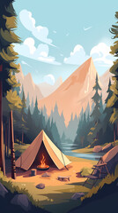 Wall Mural - Vector camping tent in the forest.Summer camp with bonfire, tent, backpack . cartoon landscape with mountain, forest and campsite.