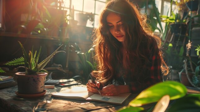 Young Woman Writing in Notebook in Sunlit Plant-Filled Room. Generative ai