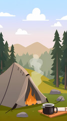 Wall Mural - Vector camping tent in the forest.Summer camp with bonfire, tent, backpack . cartoon landscape with mountain, forest and campsite.