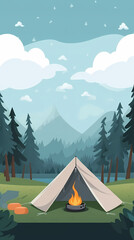 Wall Mural - Vector camping tent in the forest.Summer camp with bonfire, tent, backpack . cartoon landscape with mountain, forest and campsite.