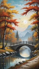 Wall Mural - Autumn landscape with river and multicolored  and bridge