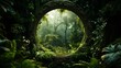 © ธนากร บัวพรหม - A round mirror reflecting surrounding leaves, creating an illusion of a portal, hyperrealistic style, lush green tones, intricate details 8K , high-resolution, ultra HD,up32K HD