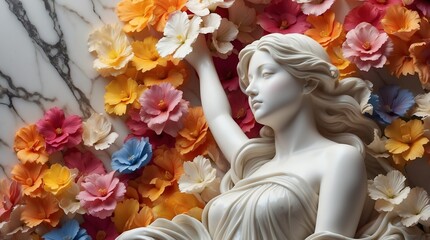 Wall Mural - colorful flowers background of beautiful woman marble sculpture statue art